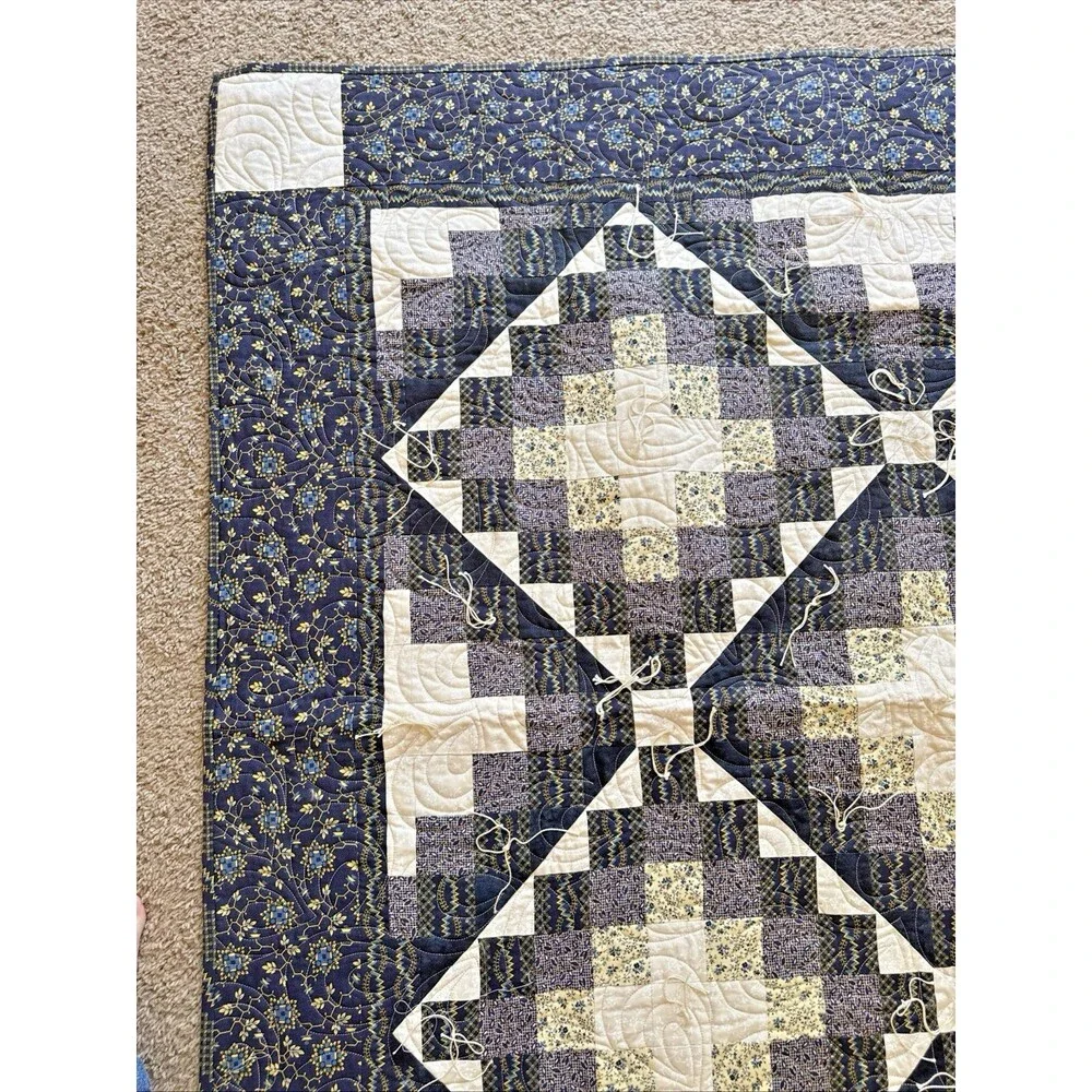 Vintage Style Handmade Prayer Qulit Patchwork Quilt Shades of Blue 50
